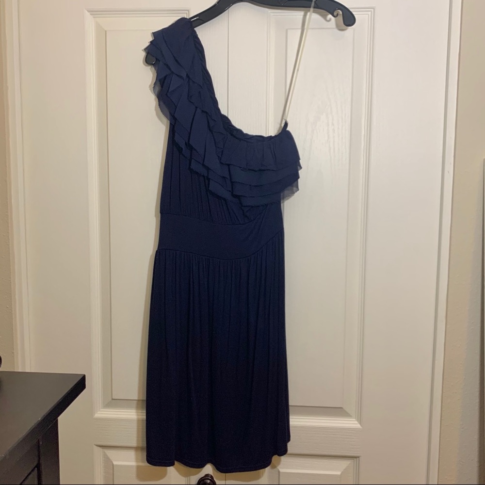 Navy One Shoulder Ruffle Dress